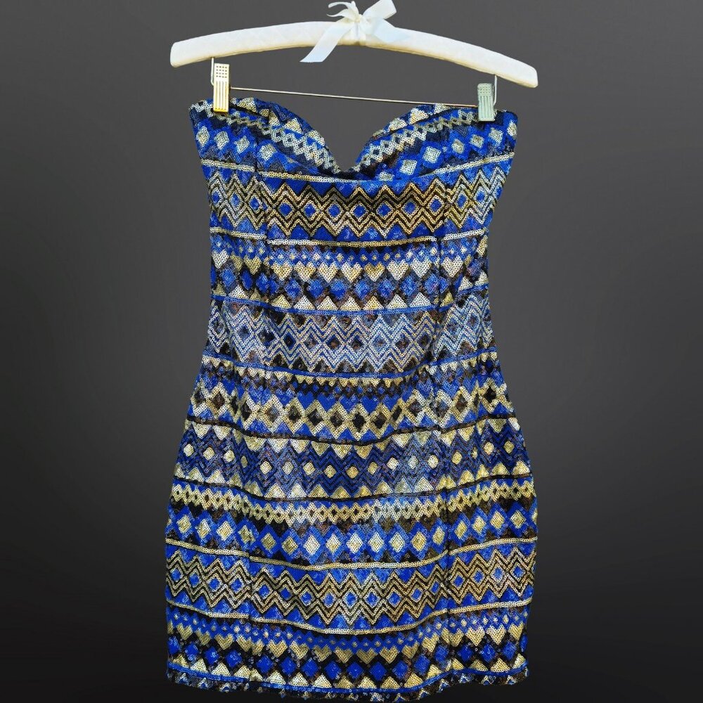 Y2K Sequined Mini Dress Womens Size M Blue Gold Strapless Aztec Indie Sleaze